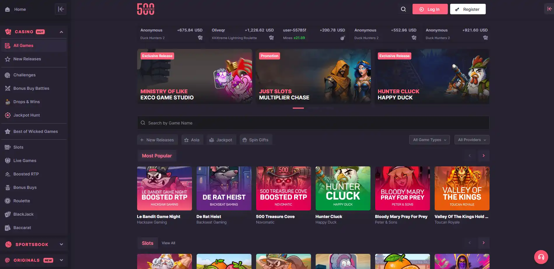 500 Casino public casino lobby with main navigation and game tiles